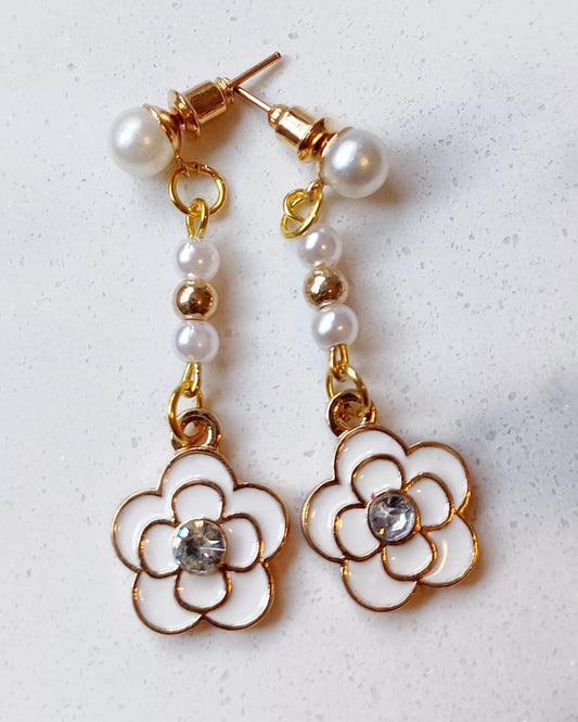 Gold and White Flower Charm Earrings