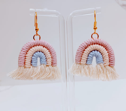 Pink, cream and blue macrame earrings.  