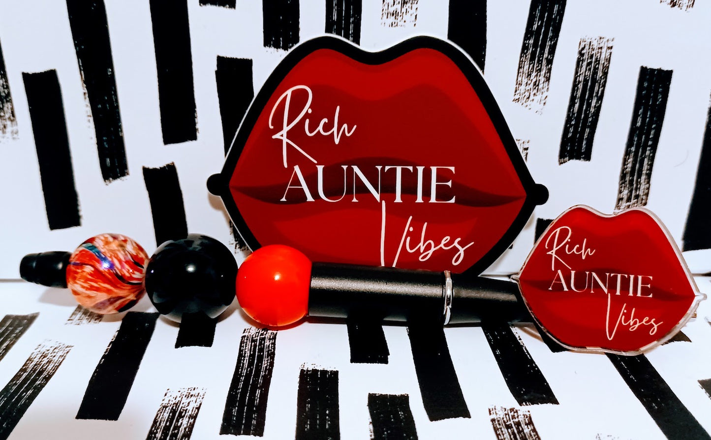 Rich Auntie 4 Piece Coin Purse Ink Pen Vinyl Sticker And Acrylic Pin Set For Women (Various Styles) Gift Set For Aunt