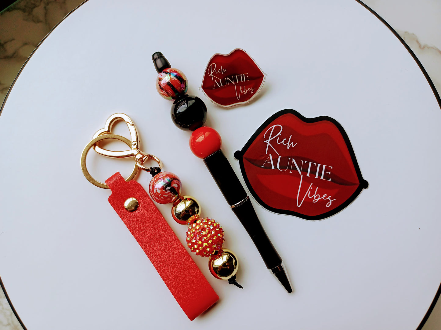 Rich Auntie 5 Piece Deluxe Gift Set With Wallet Keychain Ink Pen Vinyl Sticker Acrylic Pin Gift For Aunt